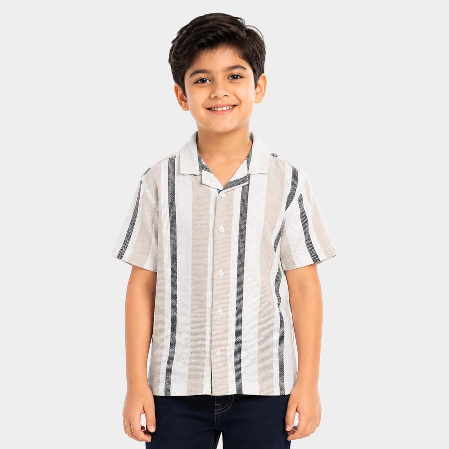 Boys' Beige Striped Camp Collar Shirt, Beige, large
