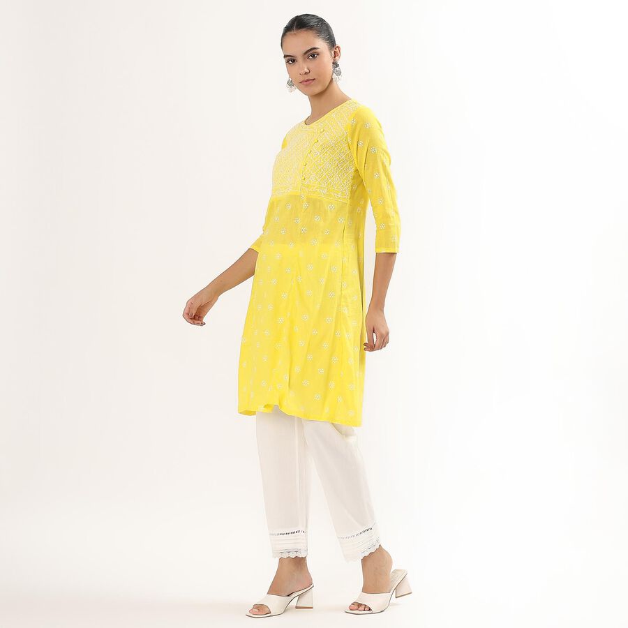 Women's Bright Yellow Round Neck Embroidered Kurta, Yellow, large image number null