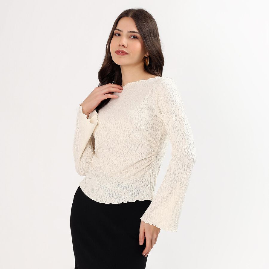 Women's Eggshell White Boat Neck Romantic Top, Off White, large