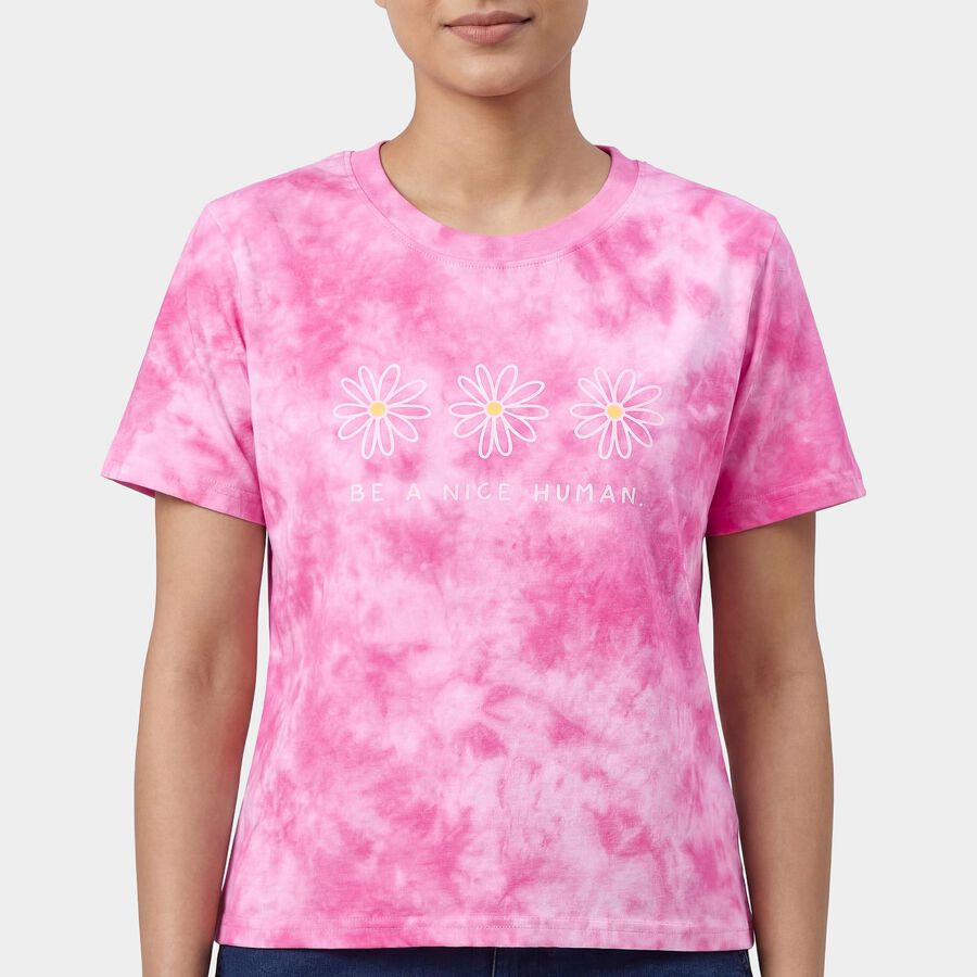 Women's Pink Cotton Round Neck Casual T-Shirt, गुलाबी, large