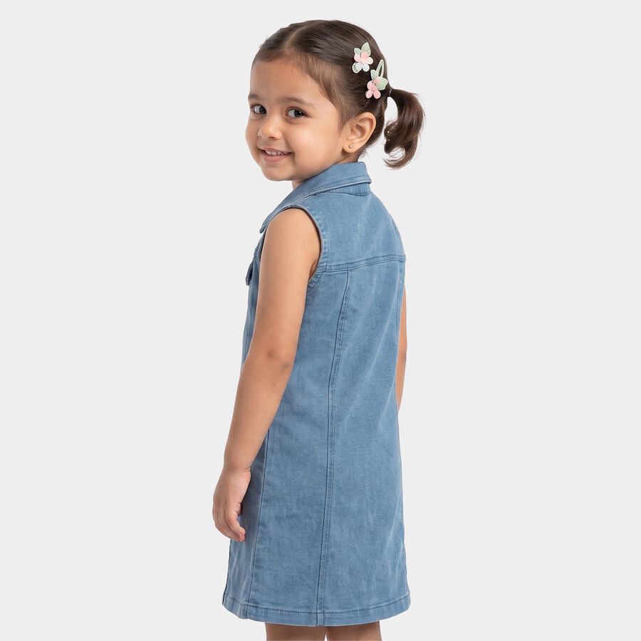 Girls' Light Blue Shift Zip Front Denim Look Frock, मध्यम नीला, large