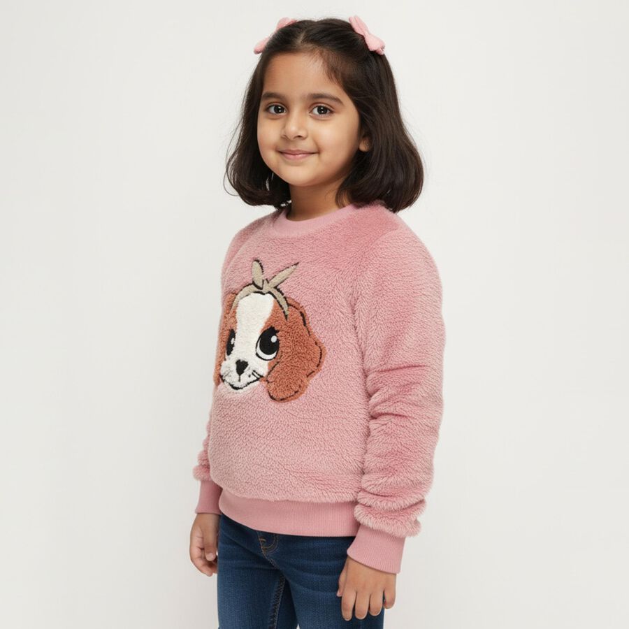 Girls Bright Pink Crew Neck Casual Sweatshirt, Pink, large image number null