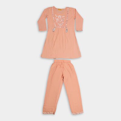 Girls' Soft Peach Embroidered Kurta and Pant Fusion Set
