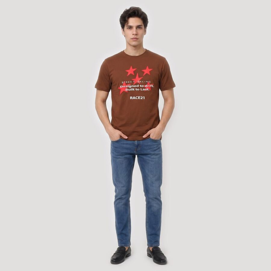 Men's Brown Round Neck Regular Graphic Print T-Shirt, भूरा, large