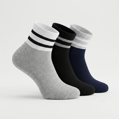 Men's Ankle Length Regular Fit Striped Pack of 3 Socks ( Black, Grey, Navy )