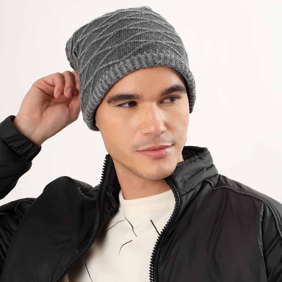 Men's Charcoal Grey Textured Knitted Beanie, Charcoal, large image number null