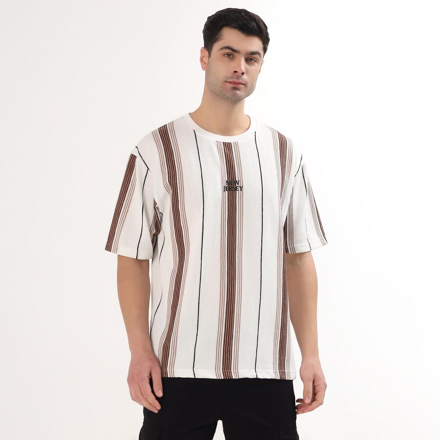 Men's Beige and Brown Round Neck Casual T-Shirt, गहरा पीला, large