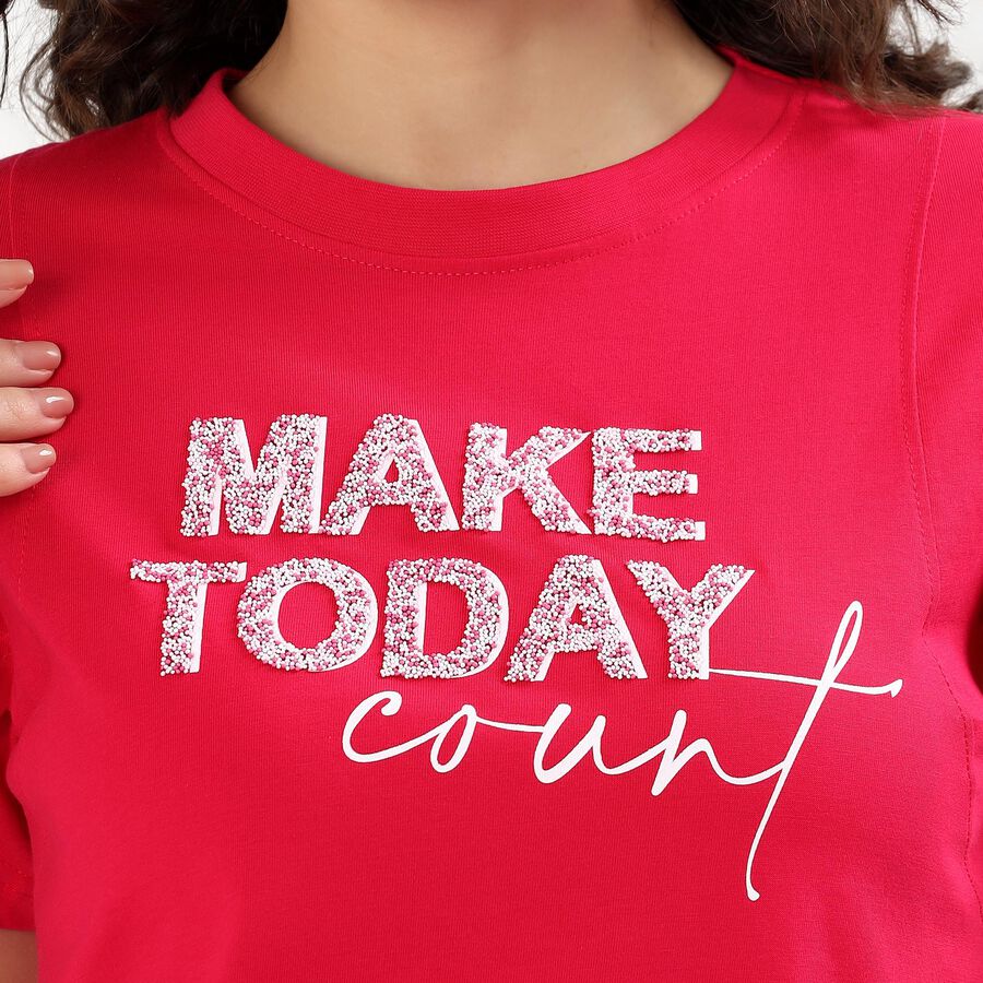 Women's Bright Fuchsia Cotton Round Neck Casual T-Shirt, रानी (फ्यूशिया), large