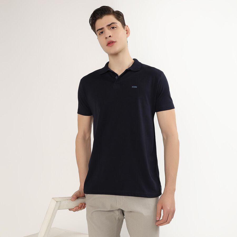 Men's Deep Midnight Navy Blue Polo Neck Casual T-Shirt, नेवी ब्लू, large