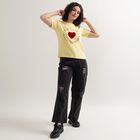 Women's Bright Yellow Cotton Round Neck Graphic Print T-Shirt, Yellow, small