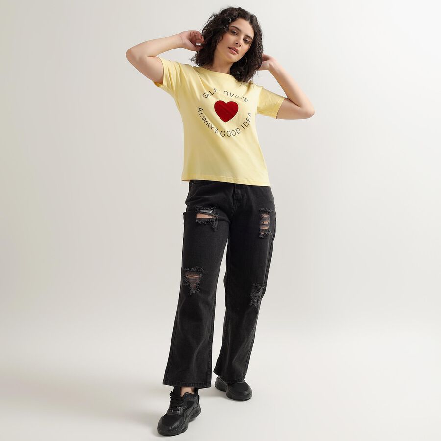 Women's Bright Yellow Cotton Round Neck Graphic Print T-Shirt, Yellow, large