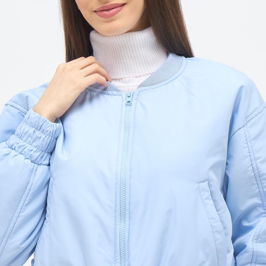 Women's Light Powder Blue Crew Casual Bomber Jacket, हल्का नीला, large image number null