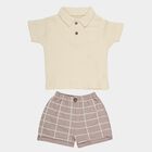 Infants' Beige Cotton Polo Neck Textured Baba Suit, गहरा पीला, small