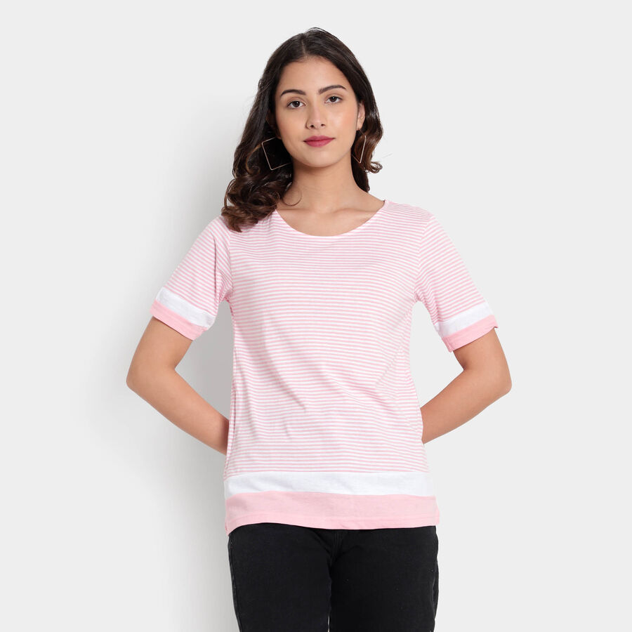 Cotton Stripes Round Neck T-Shirt, Light Pink, large image number null