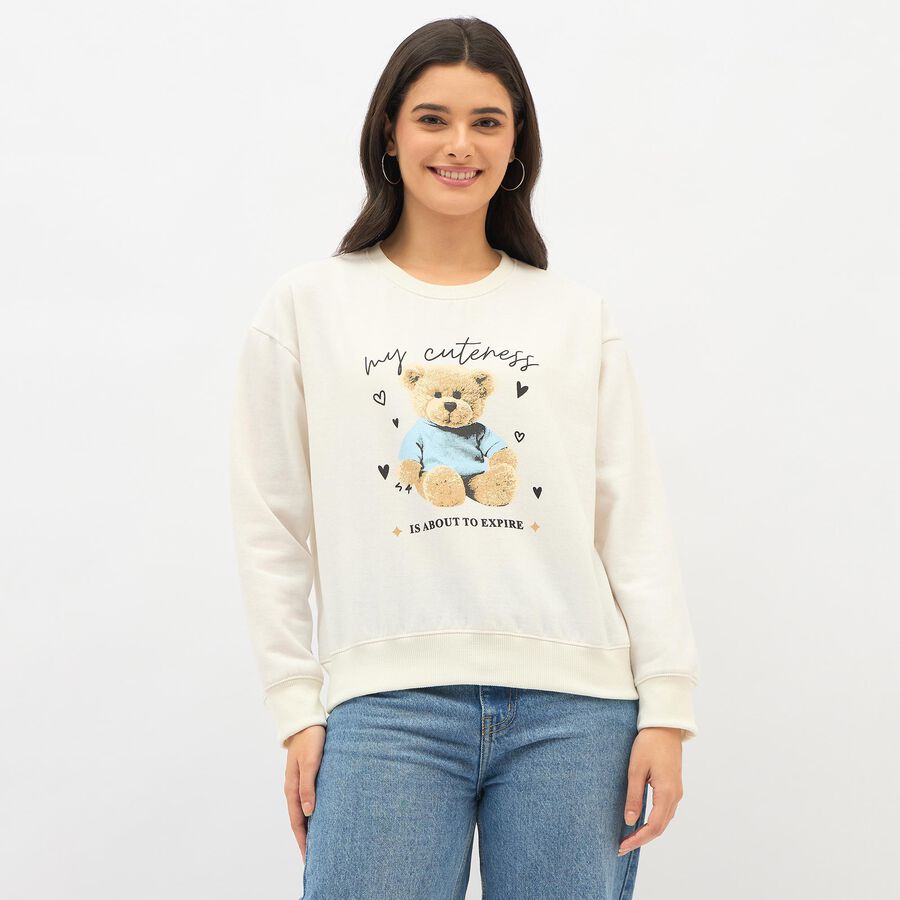 Women's Off-White Crew Neck Casual Sweatshirt, ऑफ व्हाइट, large image number null