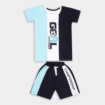 Boys' Navy Cotton Round Neck Striped Baba Suit