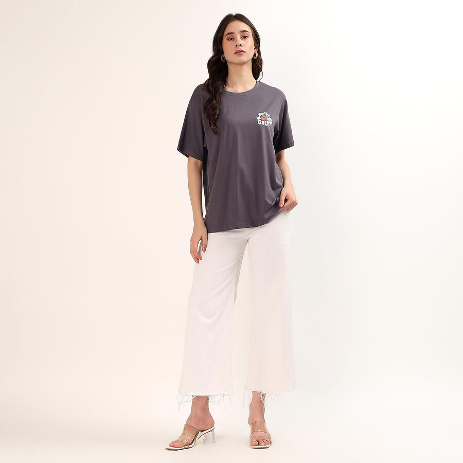 Women's Grey Cotton Round Neck Casual T-Shirt, गहरा ग्रे, large