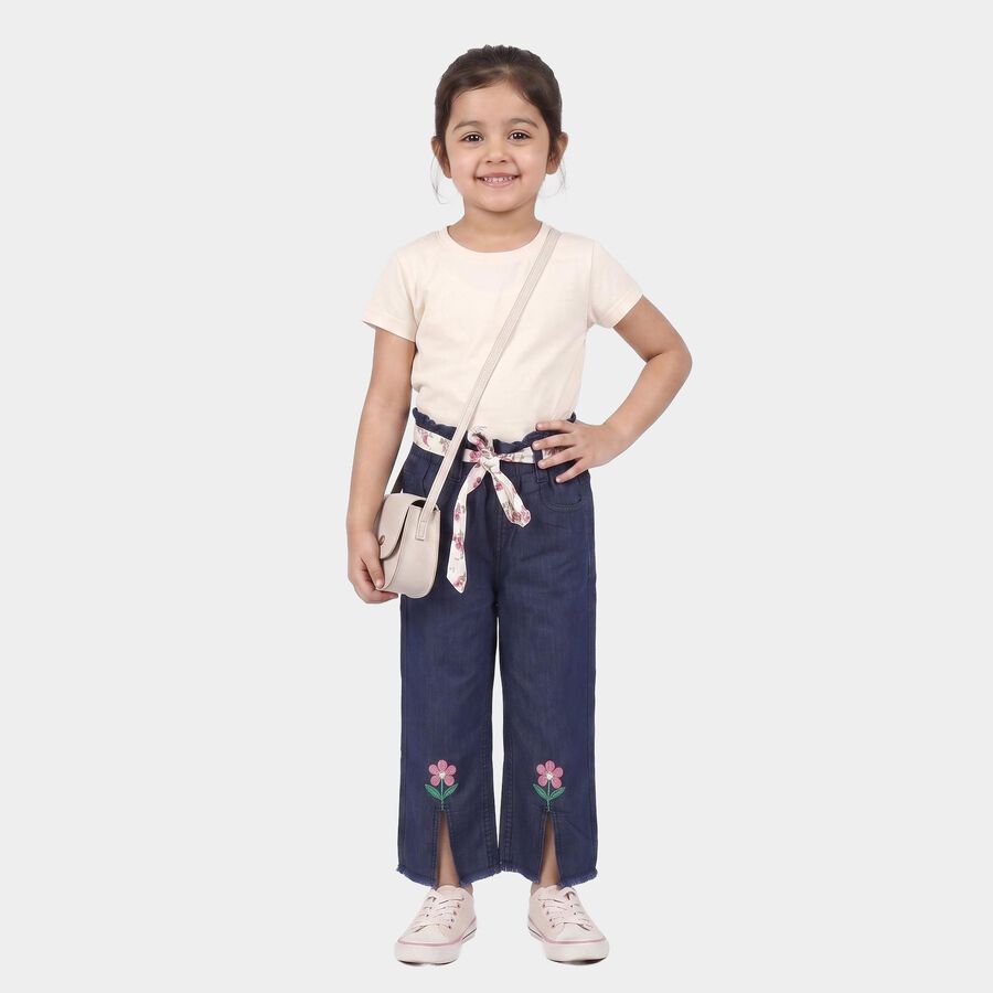 Girls' Navy Blue Straight Fit Embroidered Jeans, गहरा नीला, large