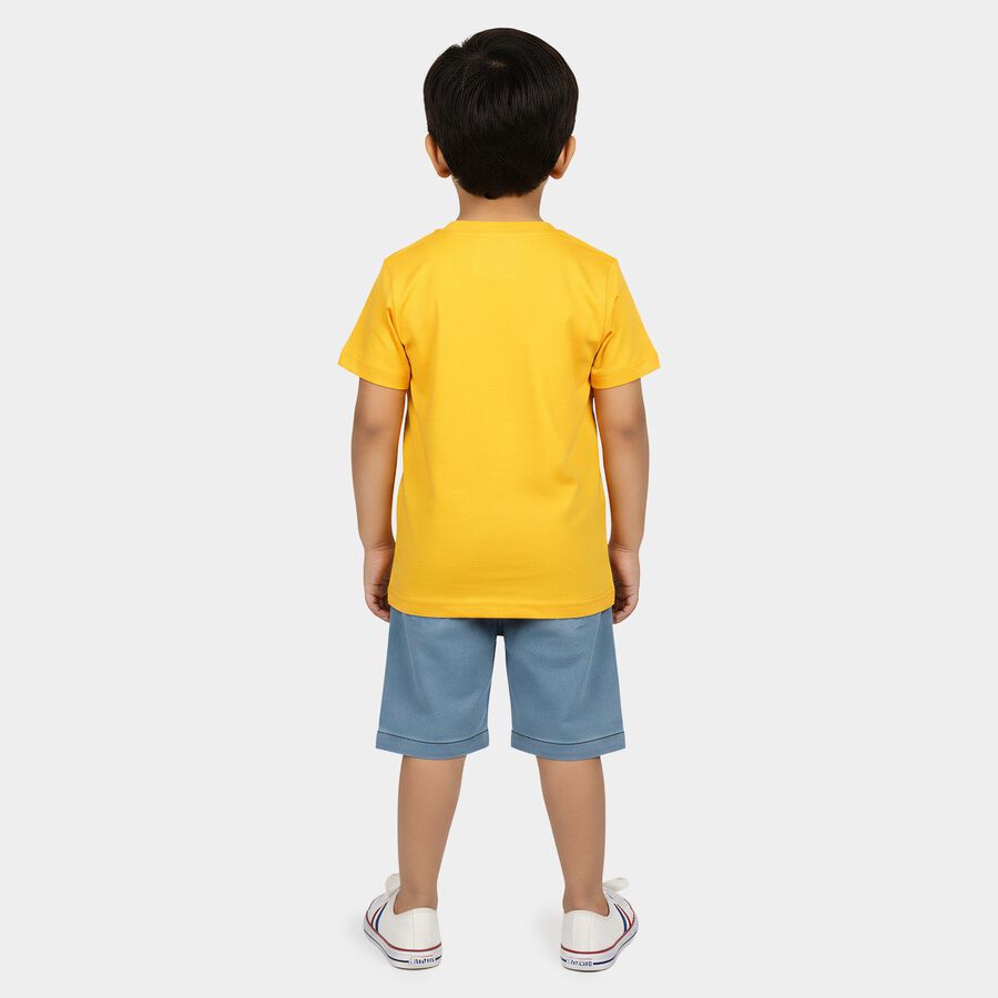 Boys' Yellow 100% Cotton Round Neck Graphic Print Baba Suit, मस्टर्ड, large