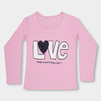 Girls' Light Pink Round Neck Casual Printed Top