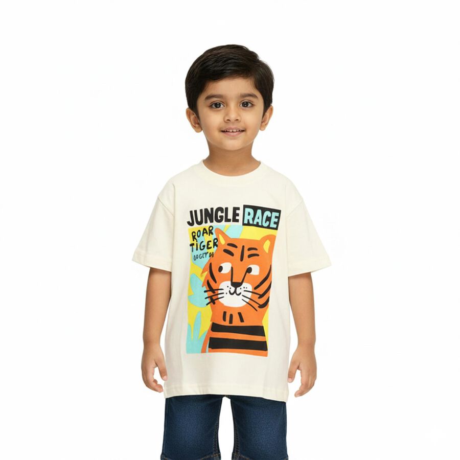 Boys' Off-White Cotton Crew Neck Casual T-Shirt, ऑफ व्हाइट, large image number null