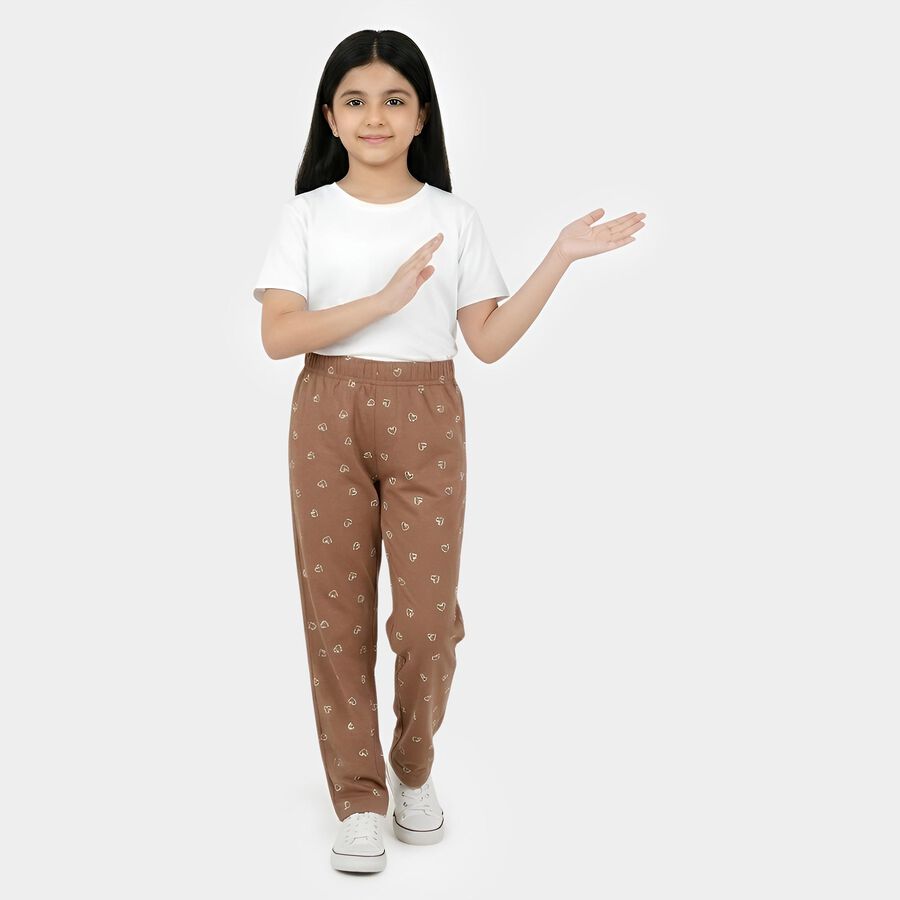 Girls' Brown Cotton Blend Solid Pyjama, Brown, large
