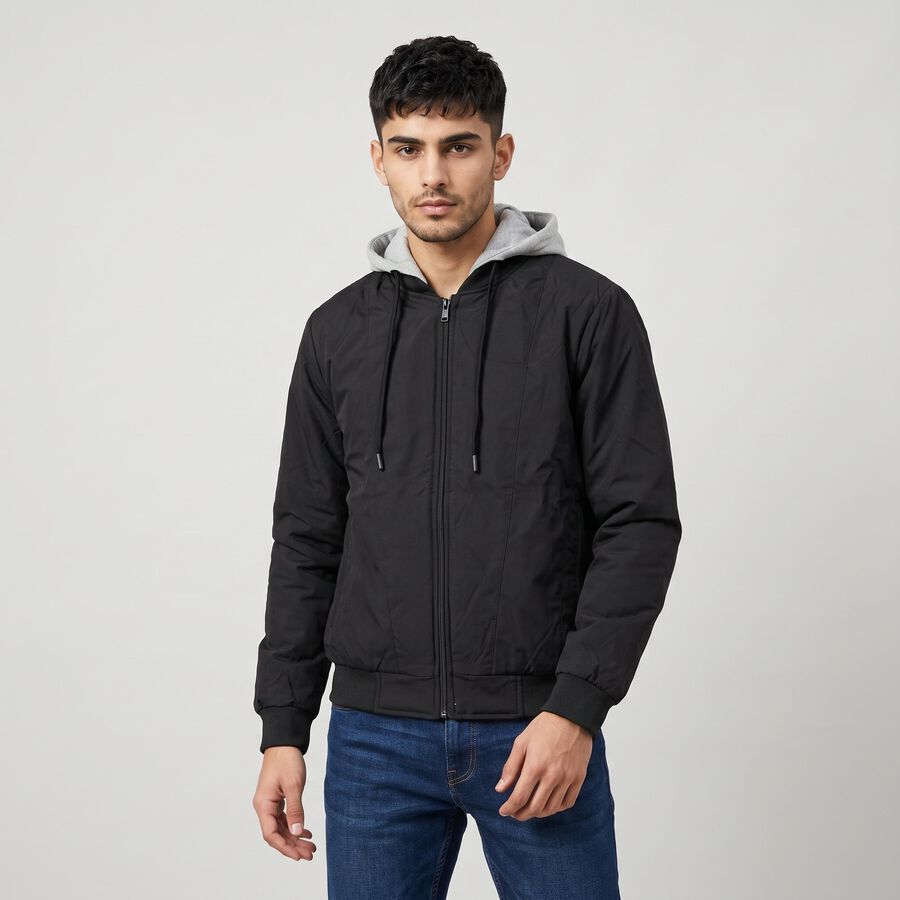 Men's Black Hooded Bomber Jacket, Black, large
