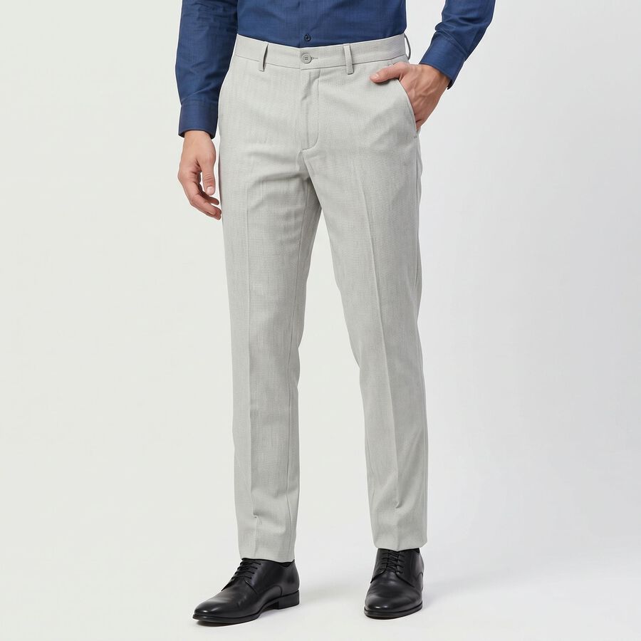 Men's Grey Slim Fit Flat-Front Formal Trousers, हल्का ग्रे, large