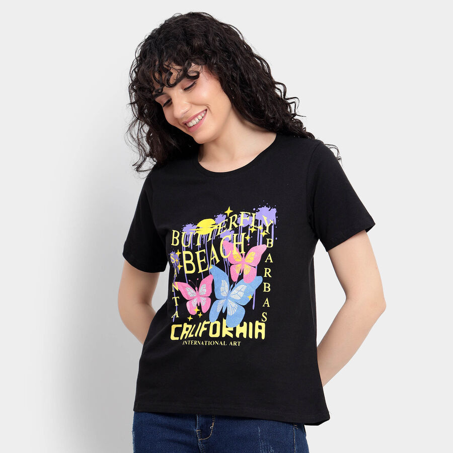 Cotton Round Neck T-Shirt, काला, large image number null