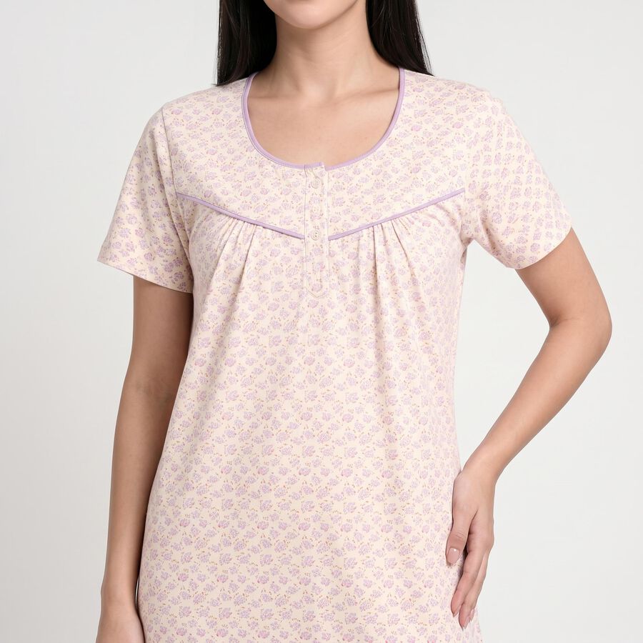 Women's Off White Round Neck A-Line Nighty, ऑफ व्हाइट, large