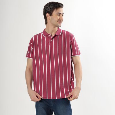 Men's Light Pink Polo Neck Striped T-Shirt