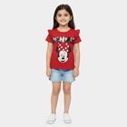 Girls' Red Cotton Round Neck Ruffle Sleeve Graphic T-Shirt, लाल, small