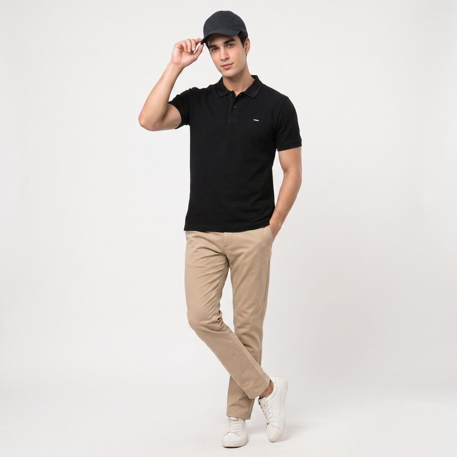 Men's Black Cotton Polo Neck T-Shirt, काला, large