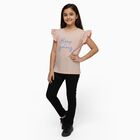 Girls' Light Pink Cotton Round Neck Ruffle Sleeve Graphic T-Shirt, Light Pink, small image number null