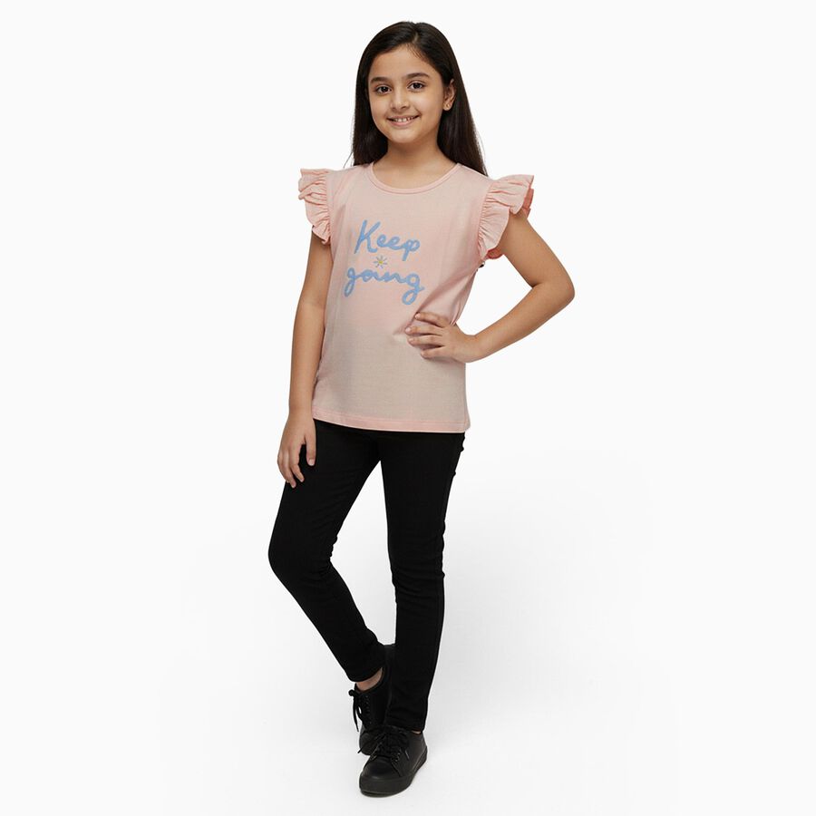 Girls' Light Pink Cotton Round Neck Ruffle Sleeve Graphic T-Shirt, Light Pink, large image number null