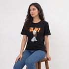 Women Black Cotton Round Neck Regular Graphic Print T-Shirt, Black, small