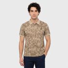 Men Beige Cotton Polo Neck Abstract Printed T-Shirt, Beige, small