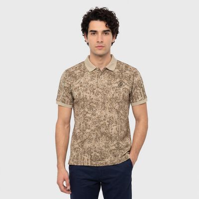 Men Beige Cotton Polo Neck Abstract Printed T-Shirt