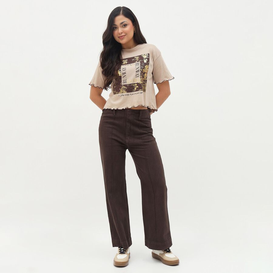Women's Light Beige Cotton Round Neck Graphic Crop T-Shirt, Beige, large