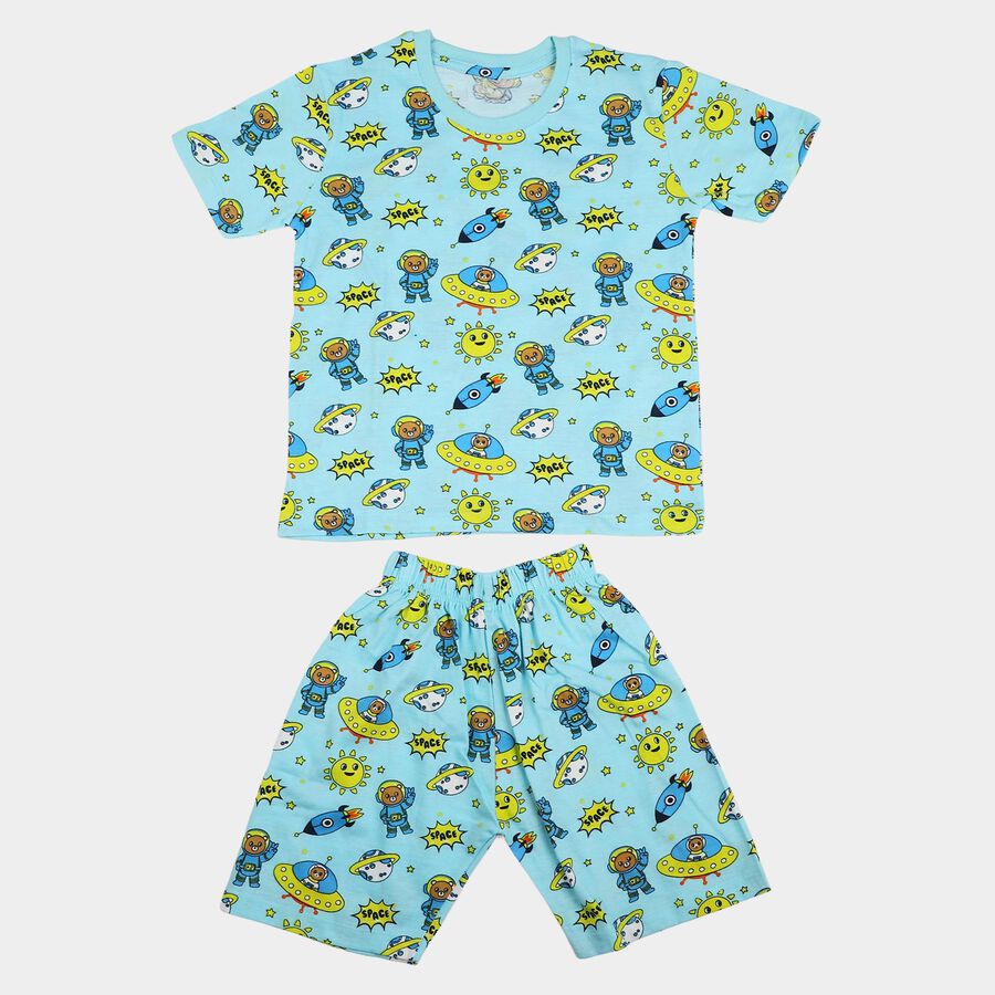 Boys Light Blue Cotton Round Neck Printed Night Suit, हल्का नीला, large