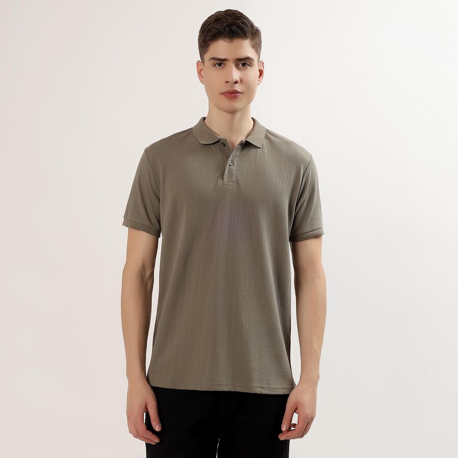Men's Olive Polo Neck Textured T-Shirt, Olive, large