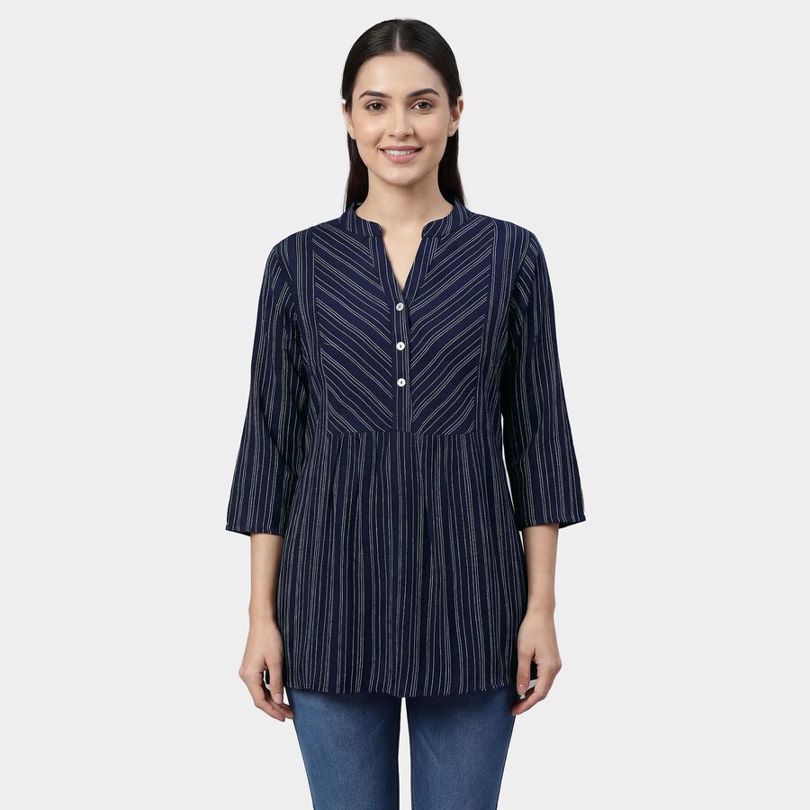 Women's Navy Blue Round Notch Neck Floral Printed Kurti, Navy Blue, large