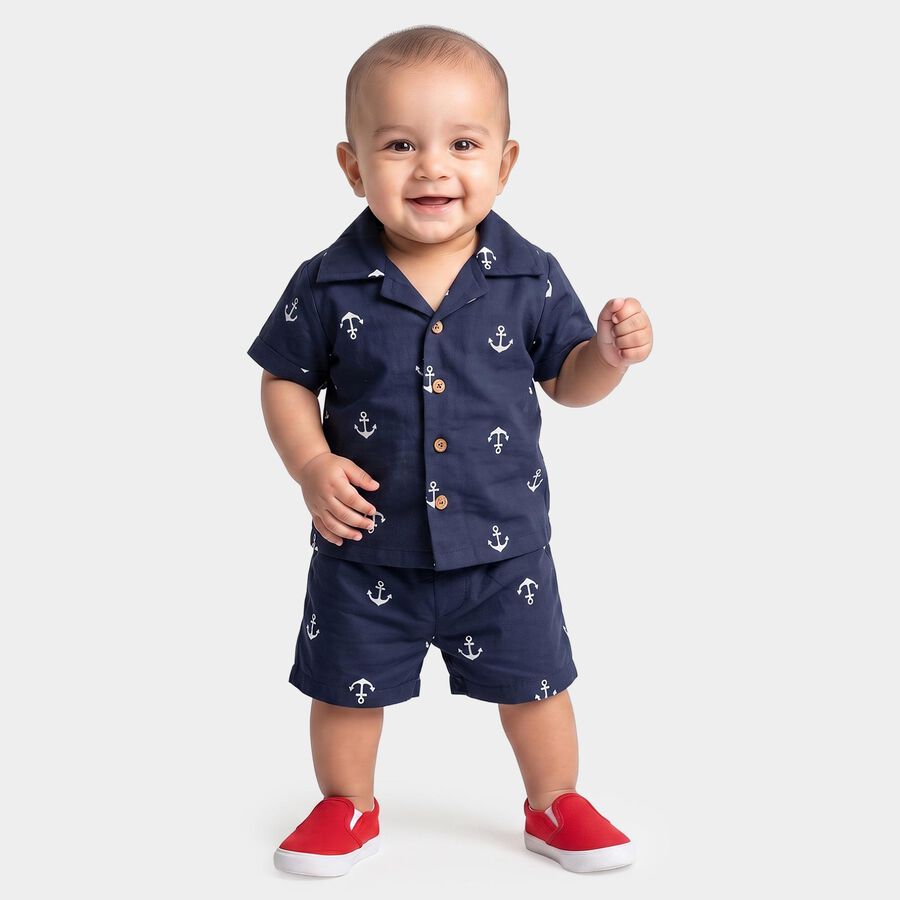 Infants' Navy Blue Cotton Collar Neck Anchor Printed Baba Suit, Navy Blue, large