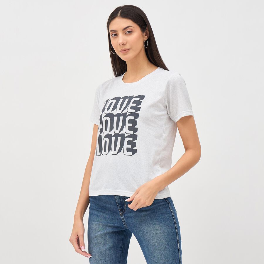Women's White Round Neck Graphic Print T-Shirt, Ecru Melange, large image number null