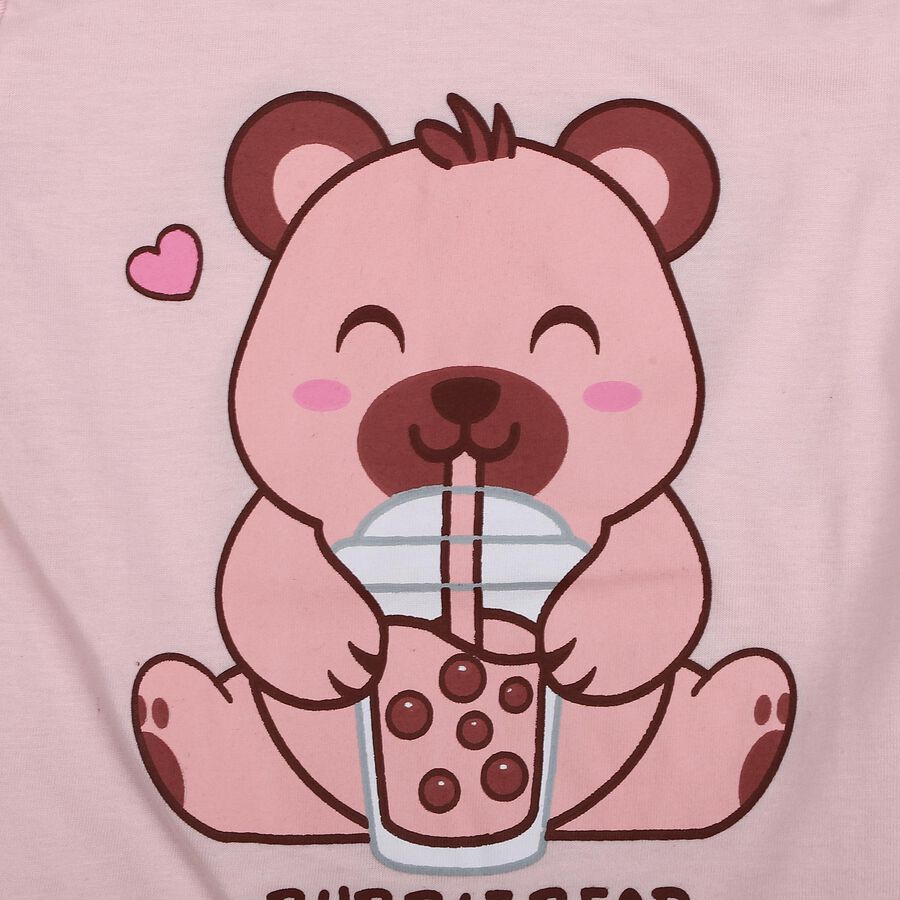 Girls Pink Round Neck Casual Top And Capri Set, हल्का गुलाबी, large