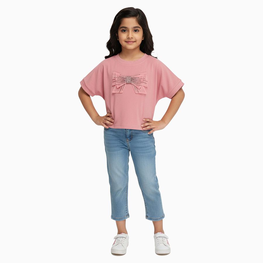 Girls Bright Pink Round Neck Casual T-Shirt, Pink, large
