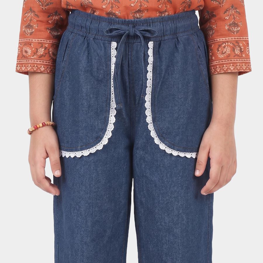 Girls Blue Jogger Fit Lace Trim Jeans, गहरा नीला, large