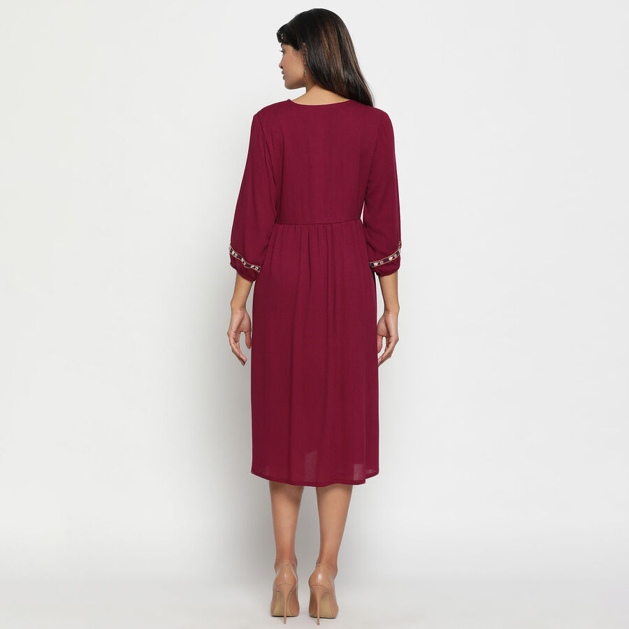 Embroidered Calf Length Dress, Wine, large image number null