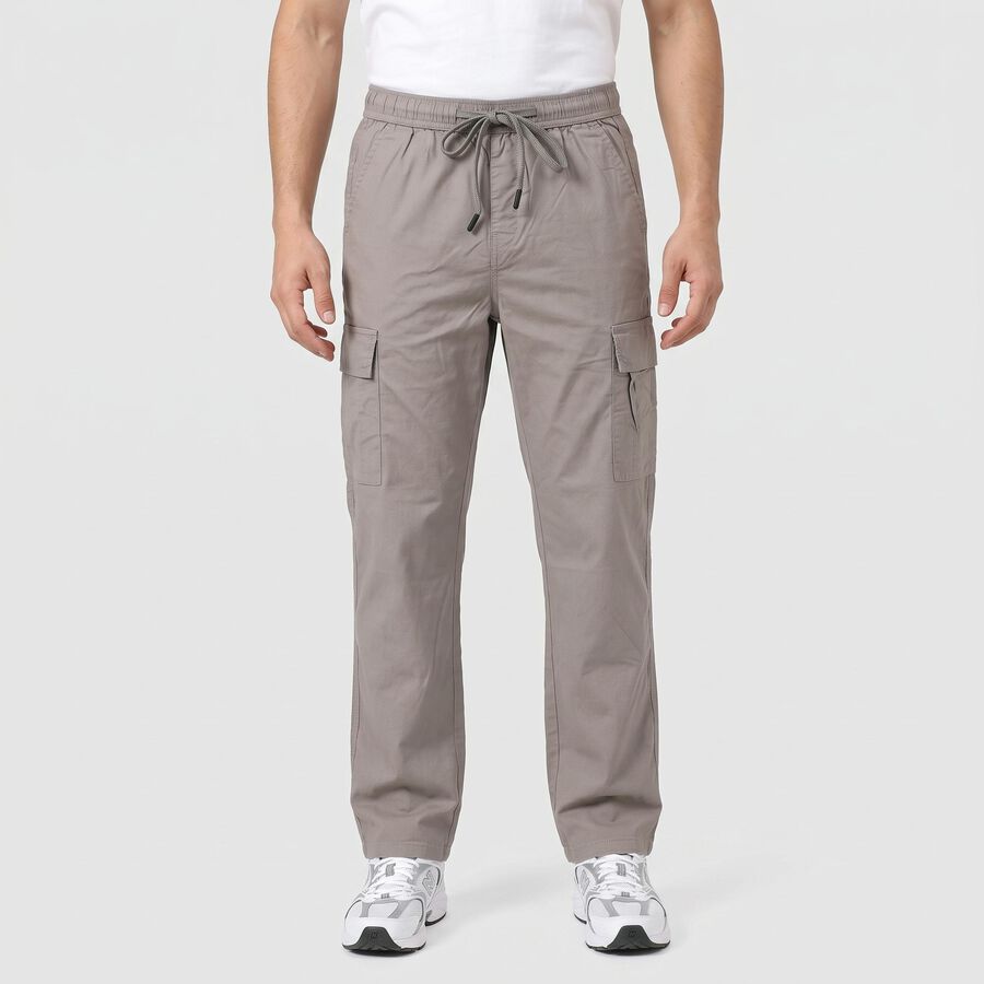 Men's Grey Slim Fit Drawstring Cargo Trousers, हल्का ग्रे, large