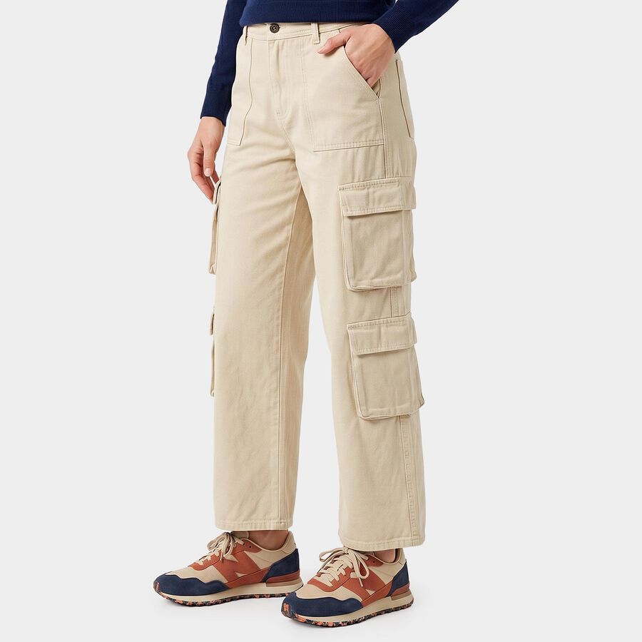 Women's Off White Straight Fit Cargo Trousers, ऑफ व्हाइट, large